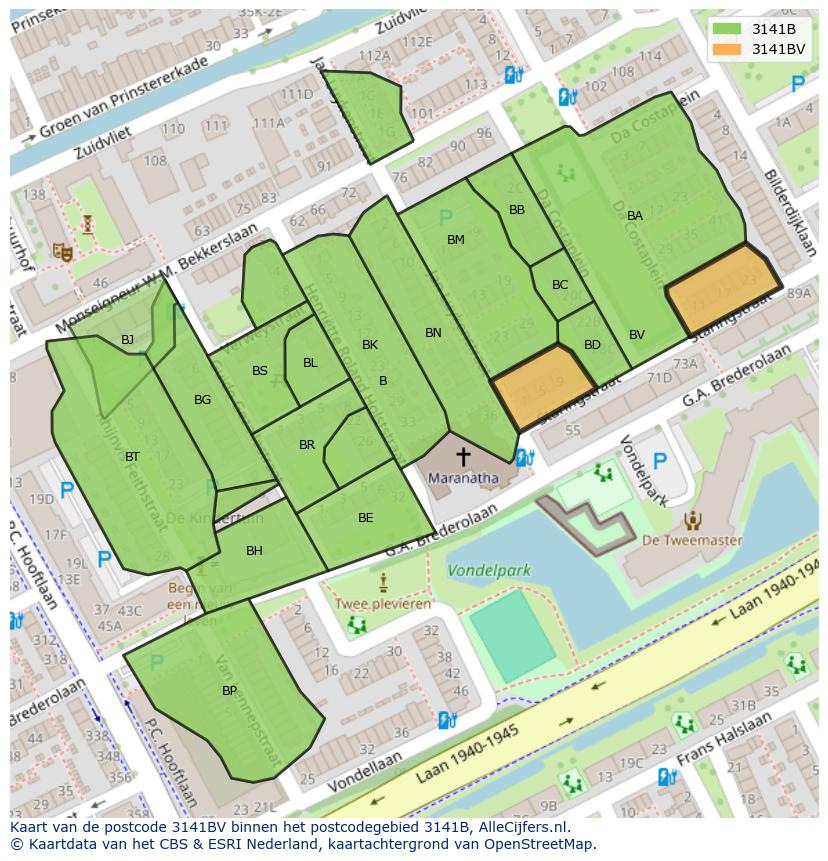 Afbeelding van het postcodegebied 3141 BV op de kaart.