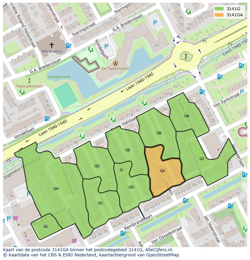 Afbeelding van het postcodegebied 3141 GA op de kaart.