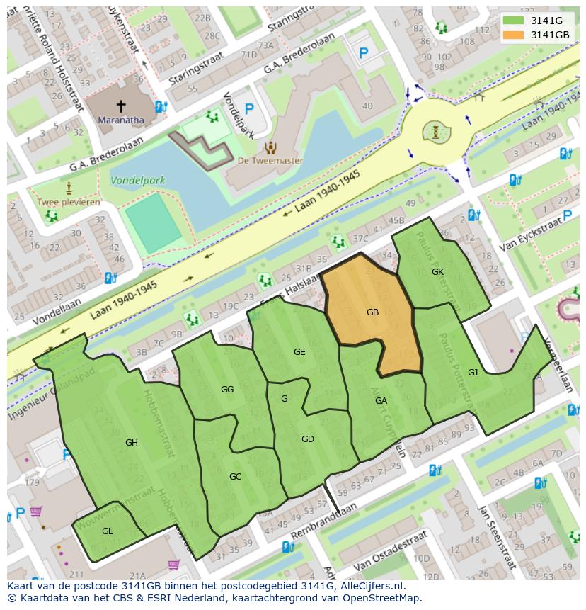 Afbeelding van het postcodegebied 3141 GB op de kaart.