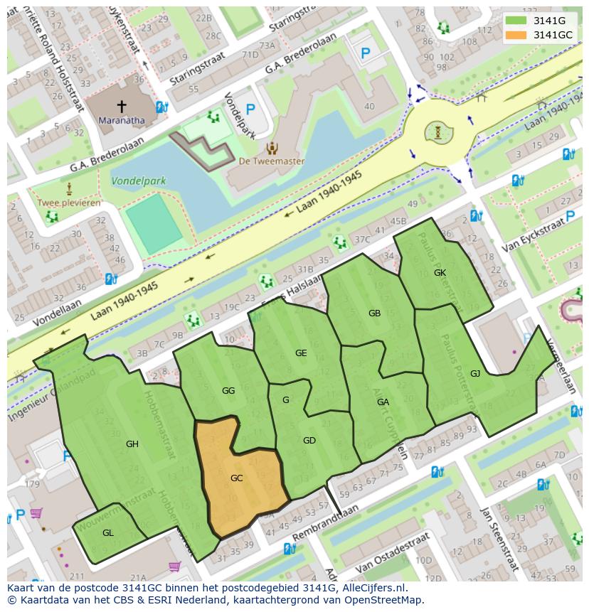 Afbeelding van het postcodegebied 3141 GC op de kaart.