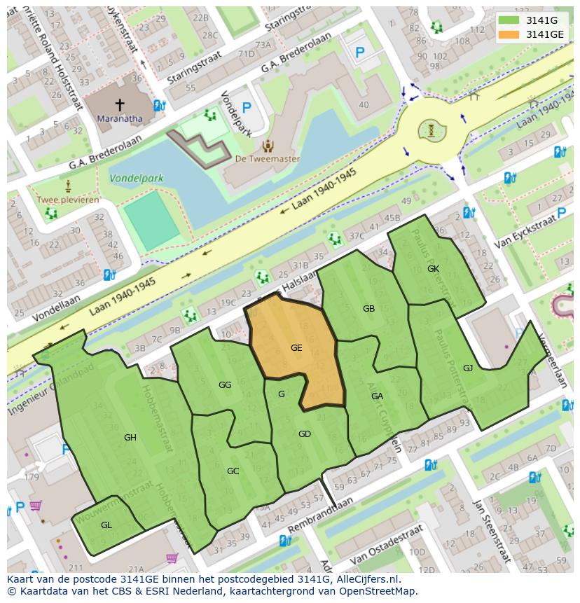 Afbeelding van het postcodegebied 3141 GE op de kaart.