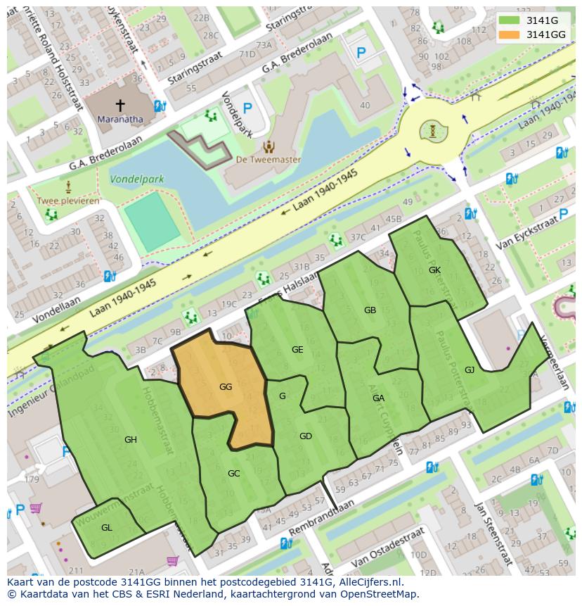 Afbeelding van het postcodegebied 3141 GG op de kaart.