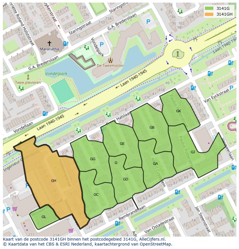 Afbeelding van het postcodegebied 3141 GH op de kaart.