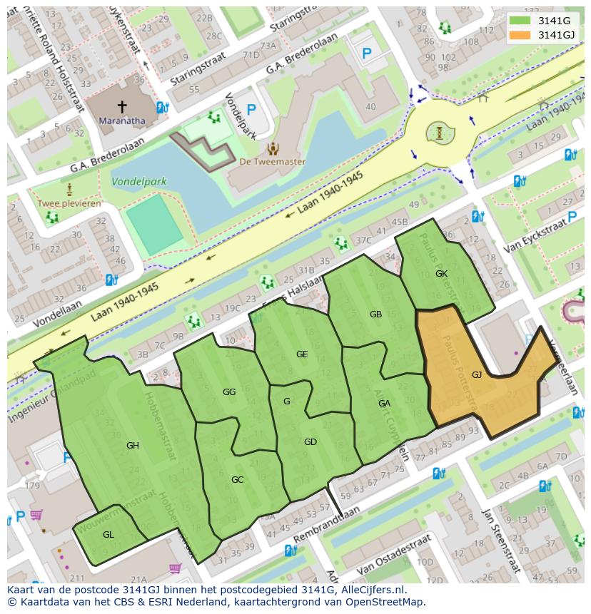 Afbeelding van het postcodegebied 3141 GJ op de kaart.