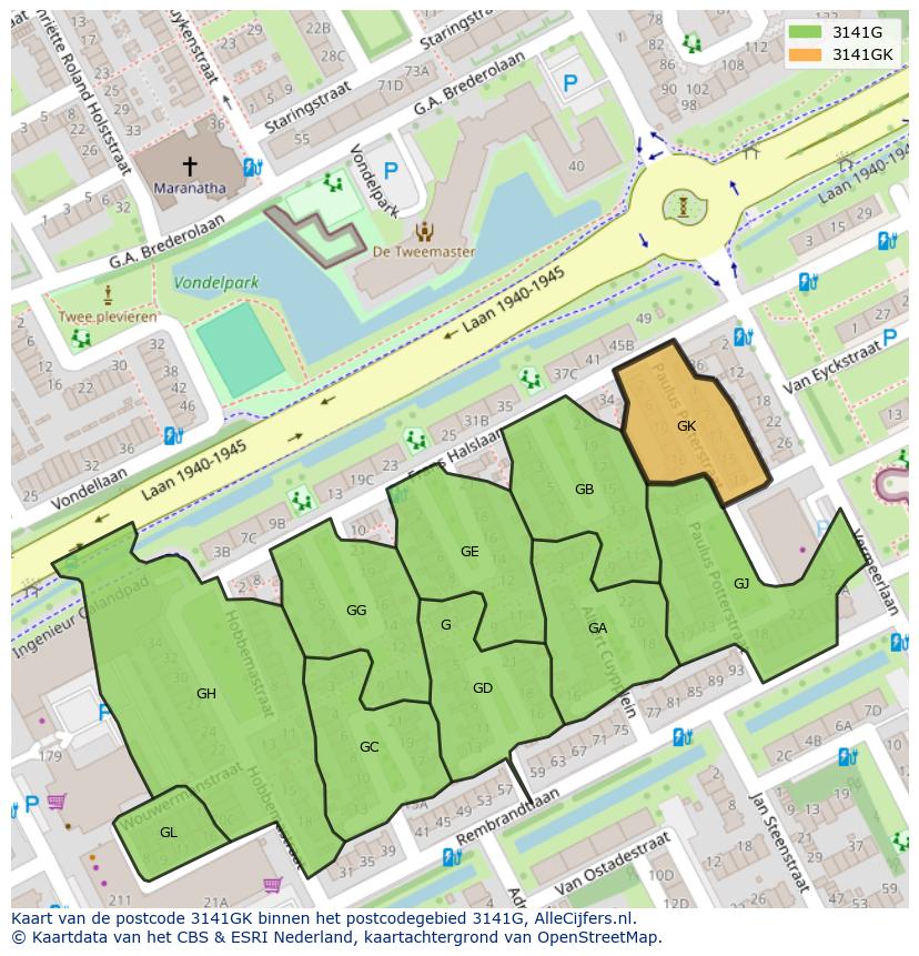Afbeelding van het postcodegebied 3141 GK op de kaart.