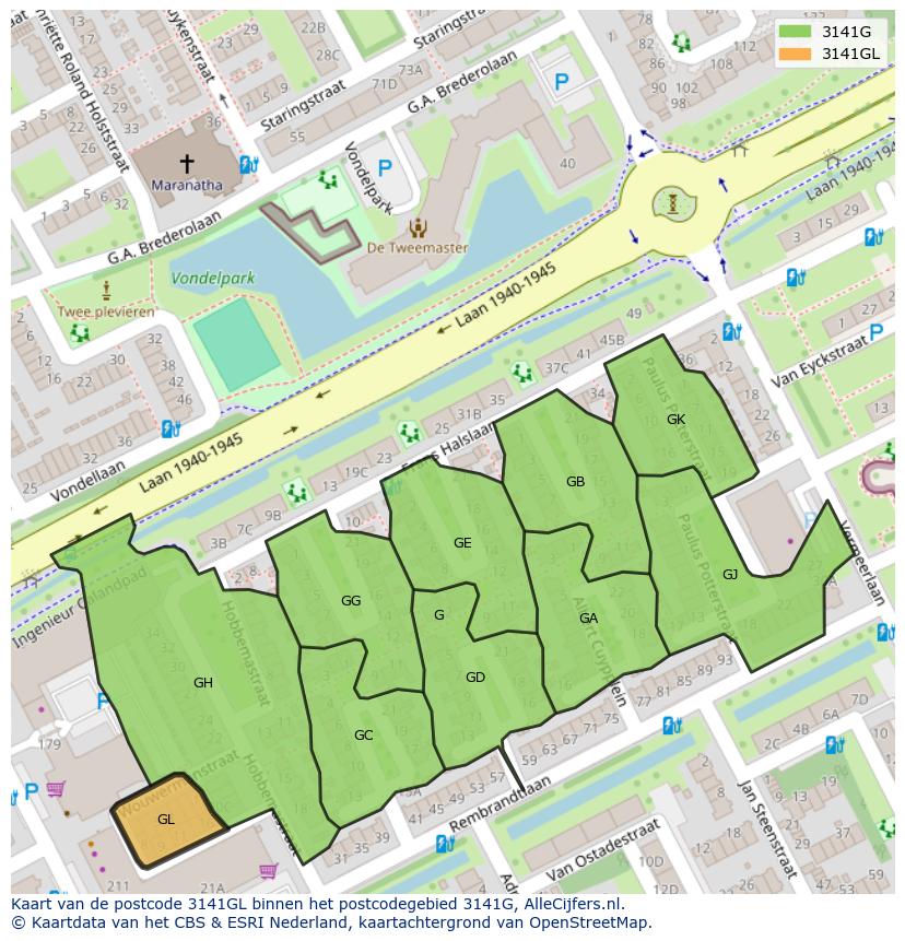 Afbeelding van het postcodegebied 3141 GL op de kaart.