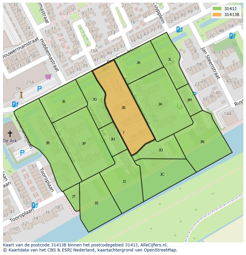 Afbeelding van het postcodegebied 3141 JB op de kaart.