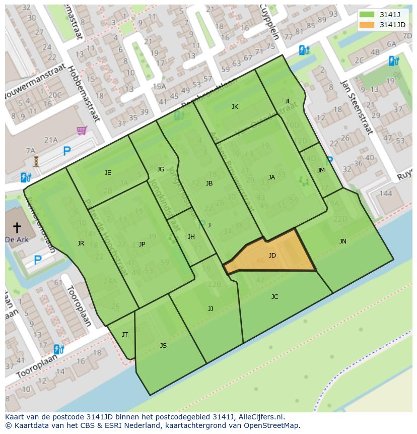Afbeelding van het postcodegebied 3141 JD op de kaart.