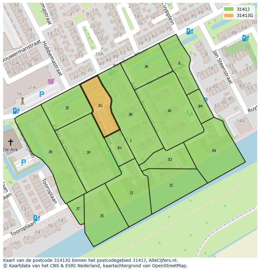 Afbeelding van het postcodegebied 3141 JG op de kaart.