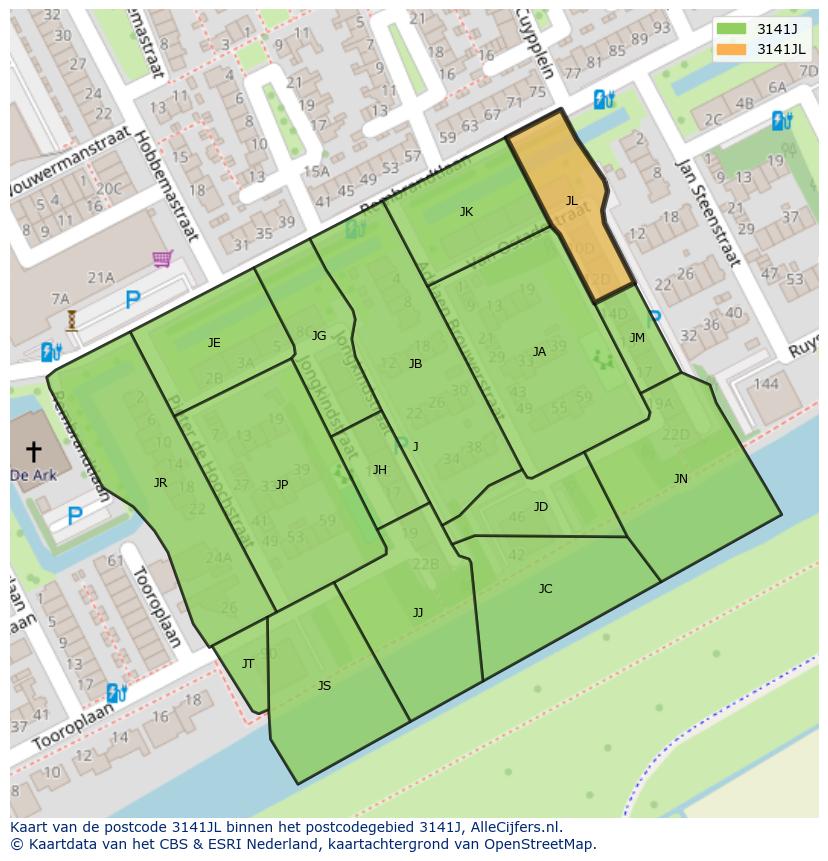 Afbeelding van het postcodegebied 3141 JL op de kaart.