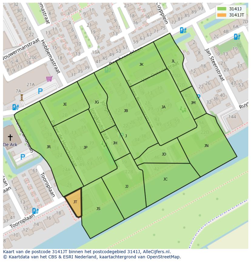 Afbeelding van het postcodegebied 3141 JT op de kaart.