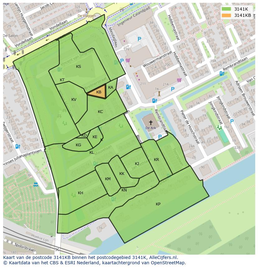 Afbeelding van het postcodegebied 3141 KB op de kaart.