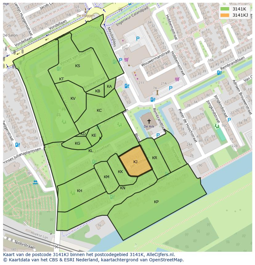 Afbeelding van het postcodegebied 3141 KJ op de kaart.