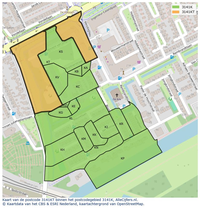Afbeelding van het postcodegebied 3141 KT op de kaart.