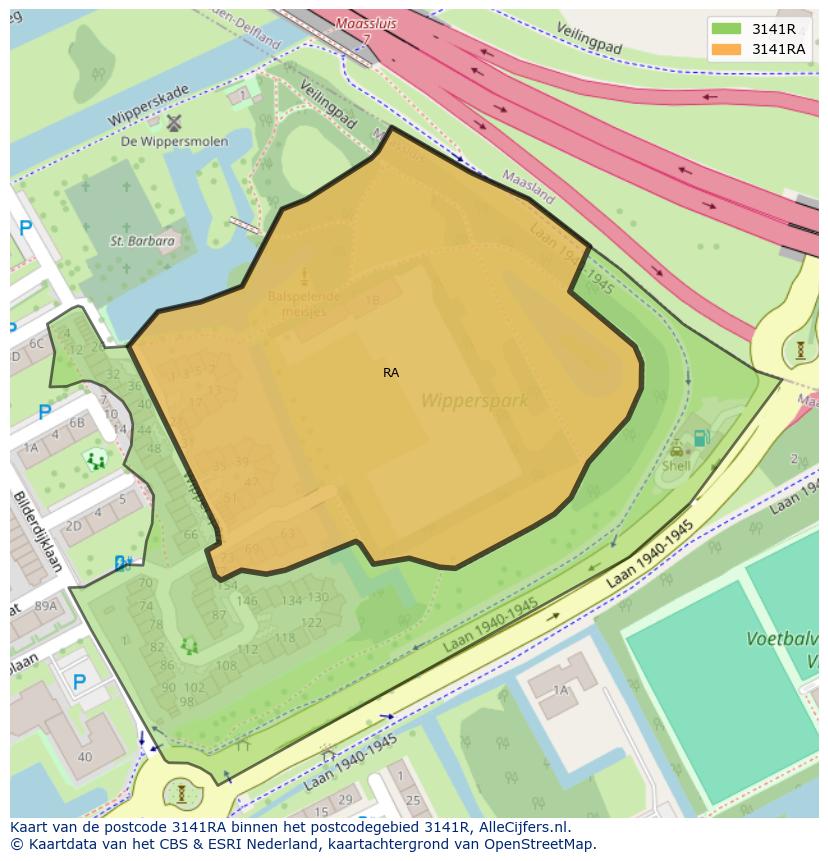 Afbeelding van het postcodegebied 3141 RA op de kaart.