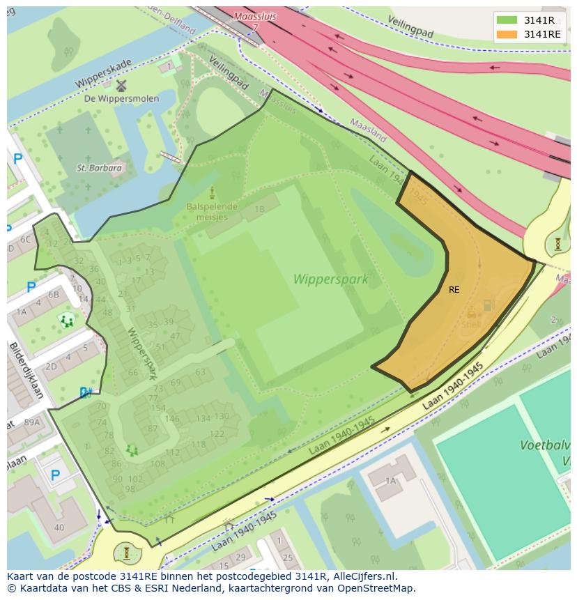 Afbeelding van het postcodegebied 3141 RE op de kaart.