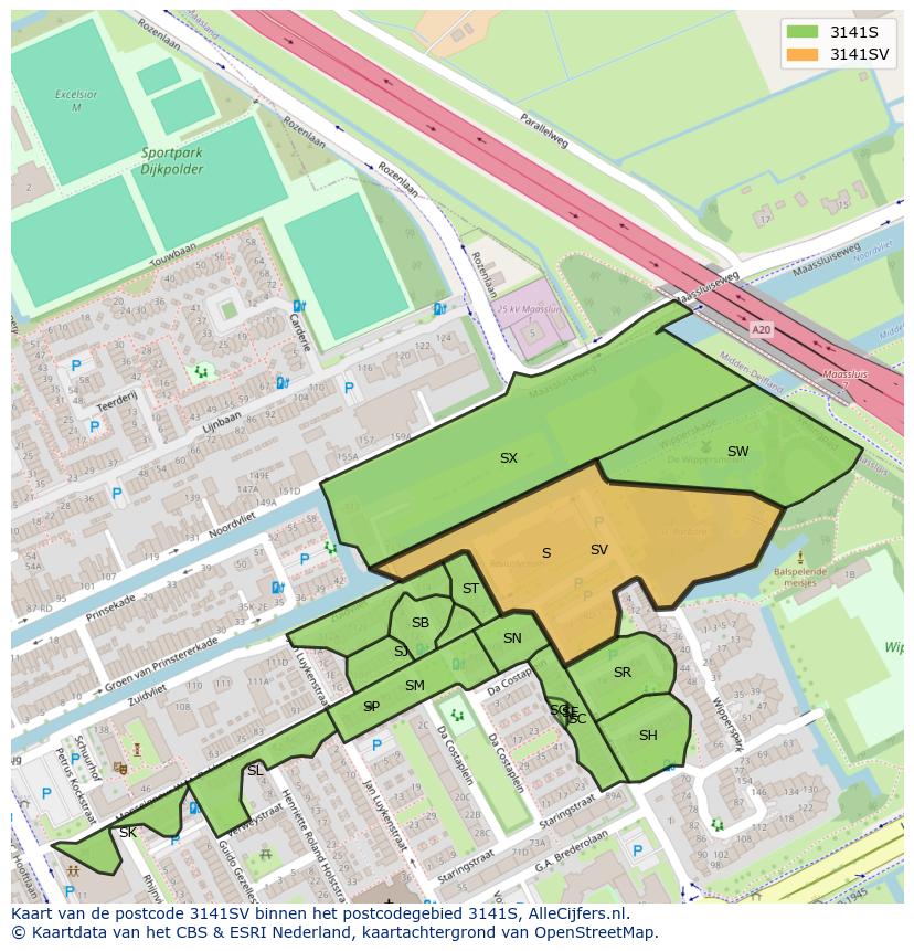 Afbeelding van het postcodegebied 3141 SV op de kaart.