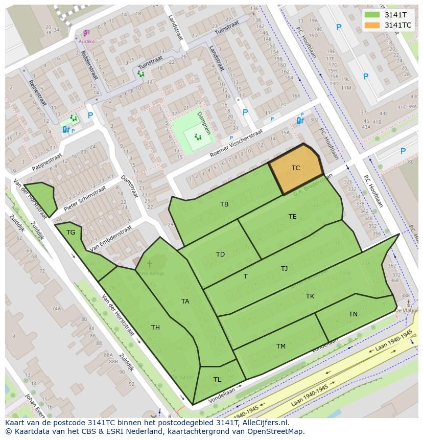Afbeelding van het postcodegebied 3141 TC op de kaart.