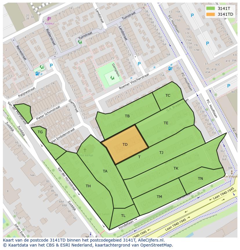 Afbeelding van het postcodegebied 3141 TD op de kaart.