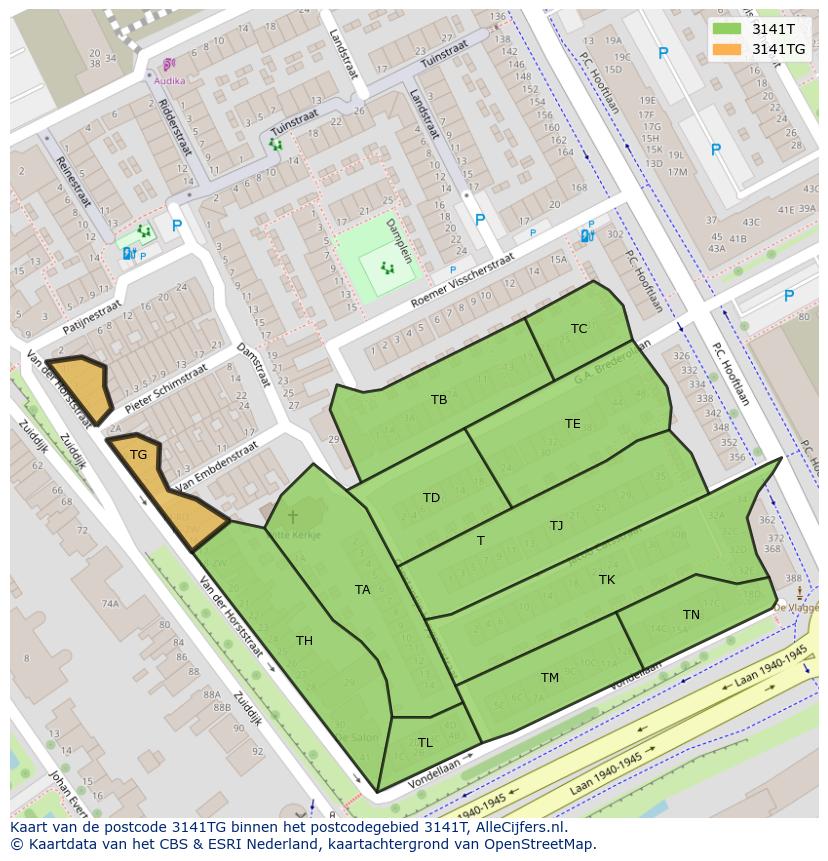 Afbeelding van het postcodegebied 3141 TG op de kaart.