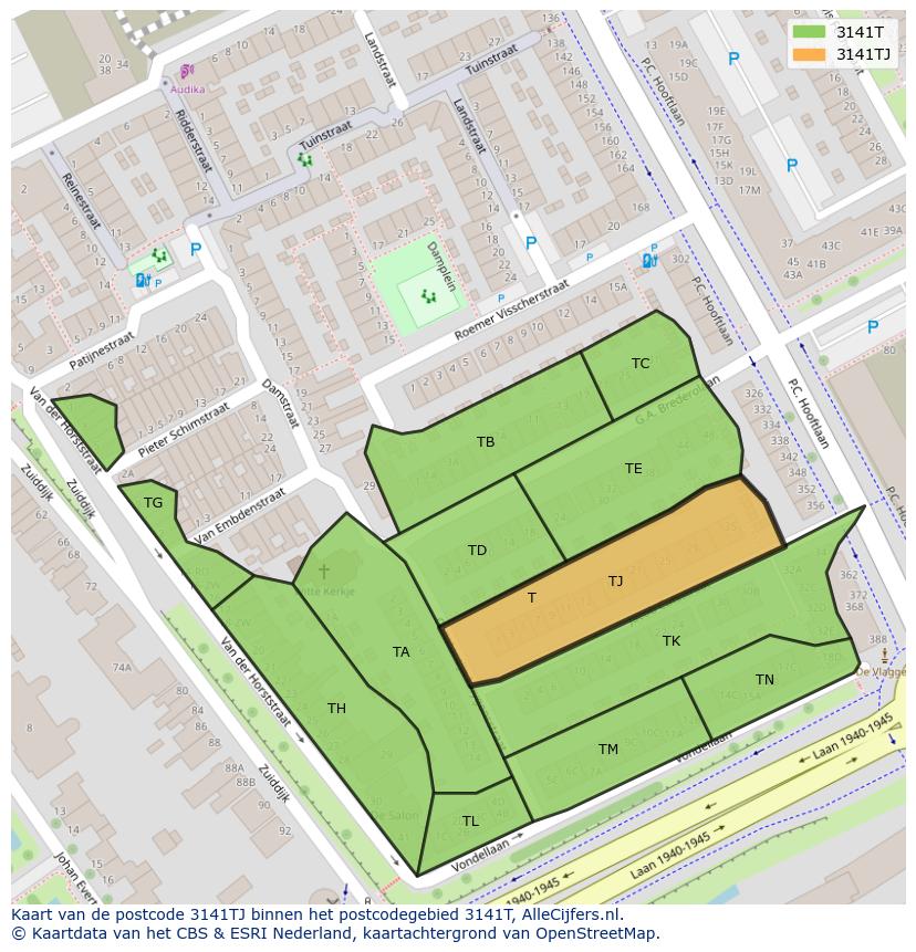 Afbeelding van het postcodegebied 3141 TJ op de kaart.