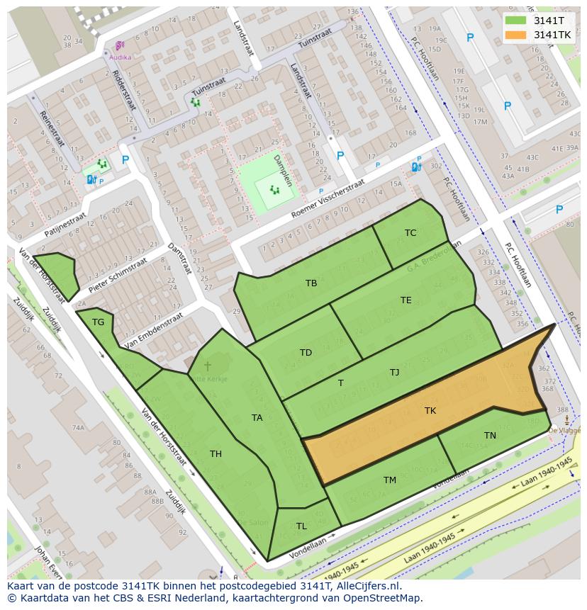 Afbeelding van het postcodegebied 3141 TK op de kaart.