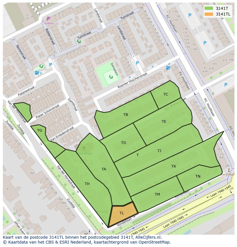 Afbeelding van het postcodegebied 3141 TL op de kaart.