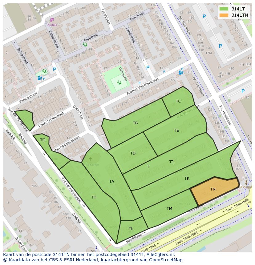 Afbeelding van het postcodegebied 3141 TN op de kaart.