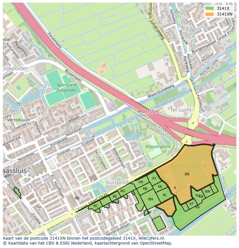 Afbeelding van het postcodegebied 3141 XN op de kaart.