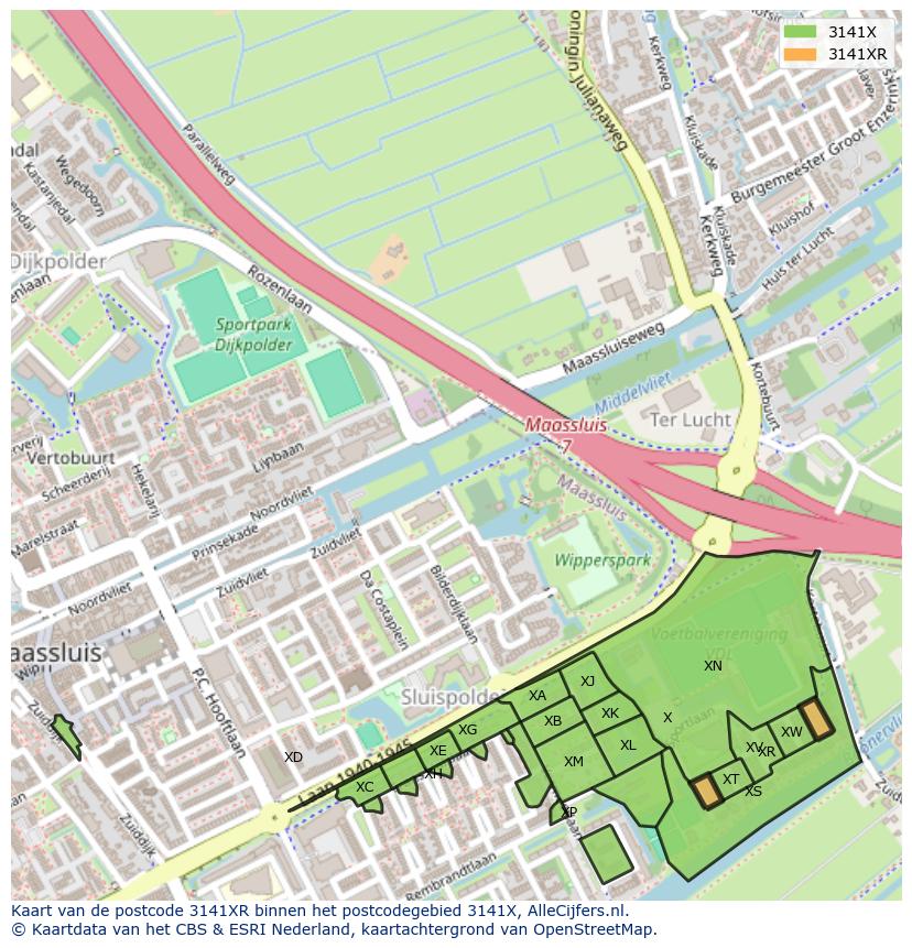 Afbeelding van het postcodegebied 3141 XR op de kaart.