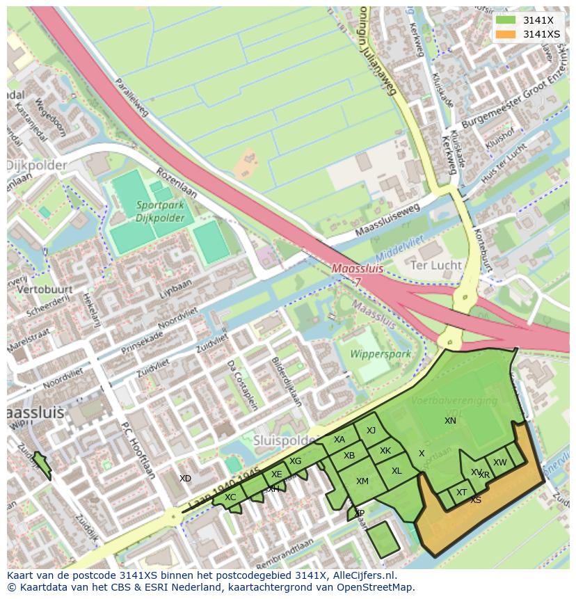 Afbeelding van het postcodegebied 3141 XS op de kaart.