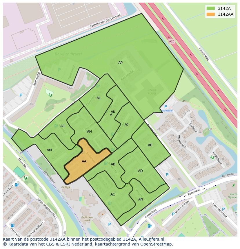 Afbeelding van het postcodegebied 3142 AA op de kaart.
