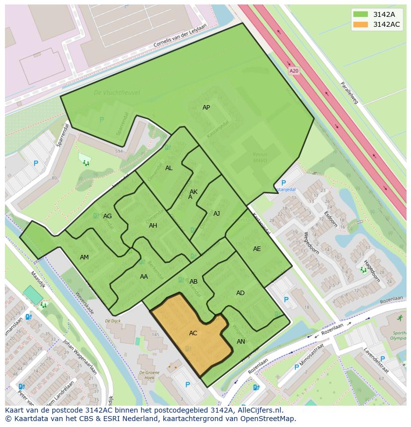 Afbeelding van het postcodegebied 3142 AC op de kaart.