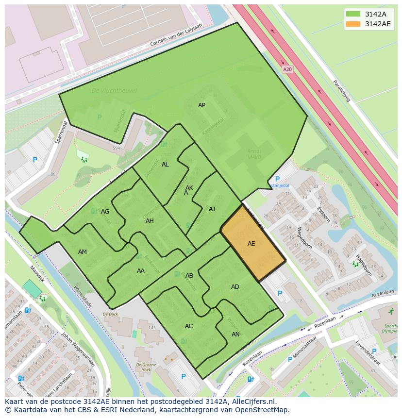 Afbeelding van het postcodegebied 3142 AE op de kaart.
