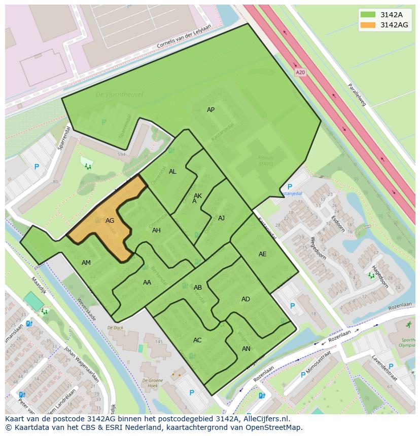 Afbeelding van het postcodegebied 3142 AG op de kaart.