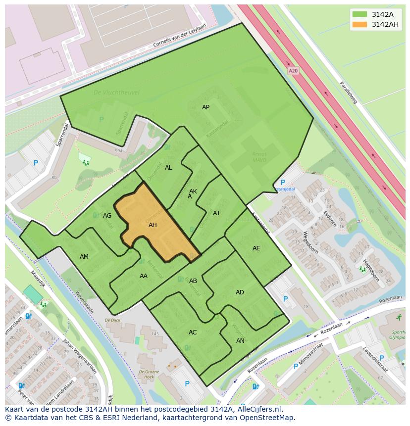 Afbeelding van het postcodegebied 3142 AH op de kaart.