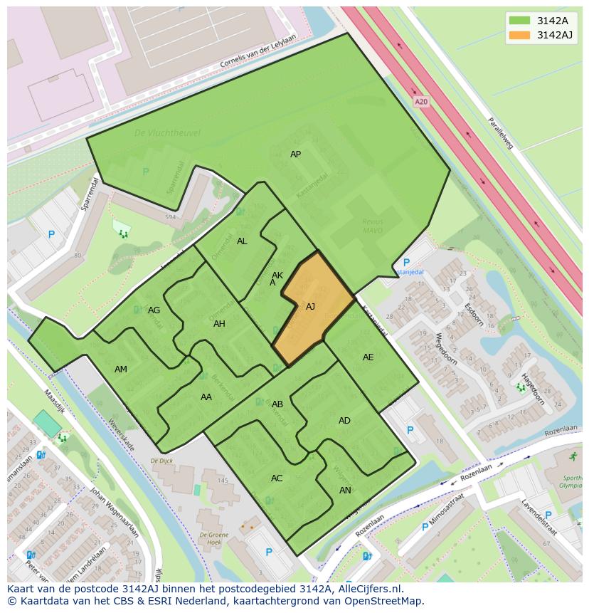 Afbeelding van het postcodegebied 3142 AJ op de kaart.