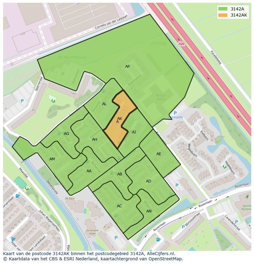 Afbeelding van het postcodegebied 3142 AK op de kaart.