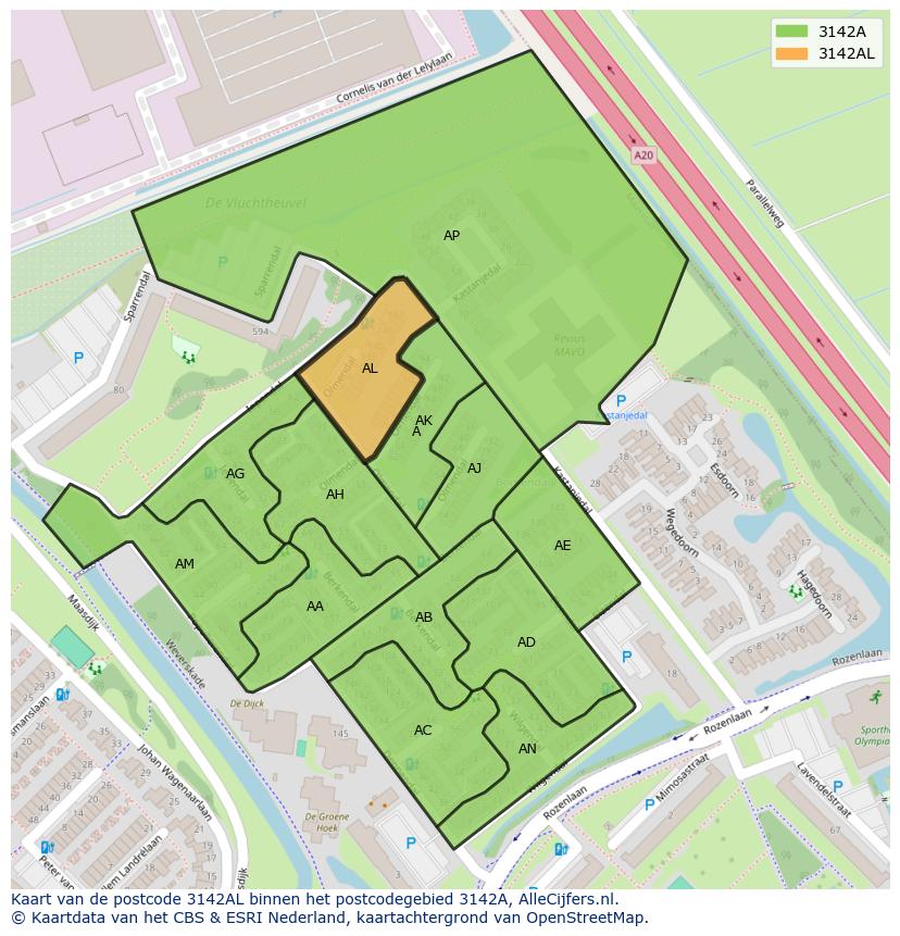 Afbeelding van het postcodegebied 3142 AL op de kaart.