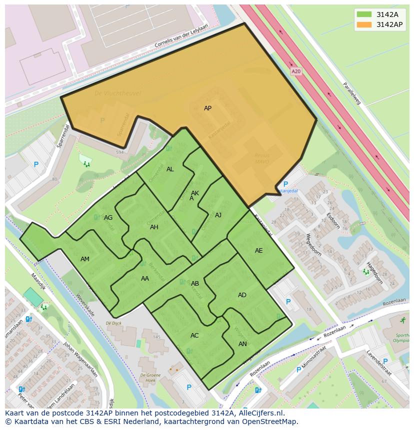 Afbeelding van het postcodegebied 3142 AP op de kaart.