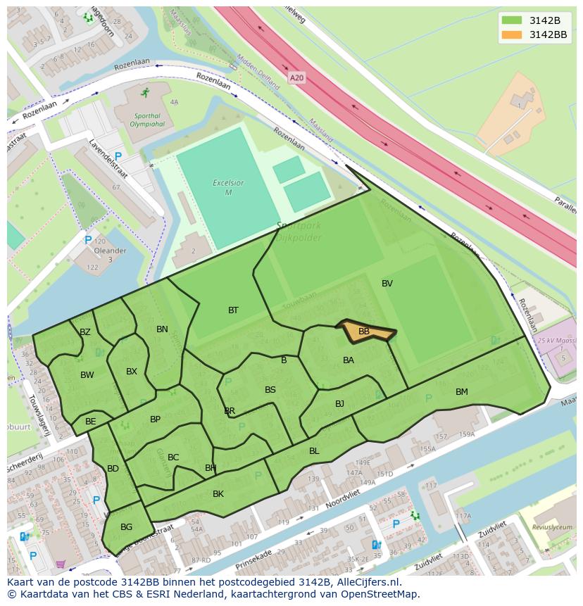 Afbeelding van het postcodegebied 3142 BB op de kaart.