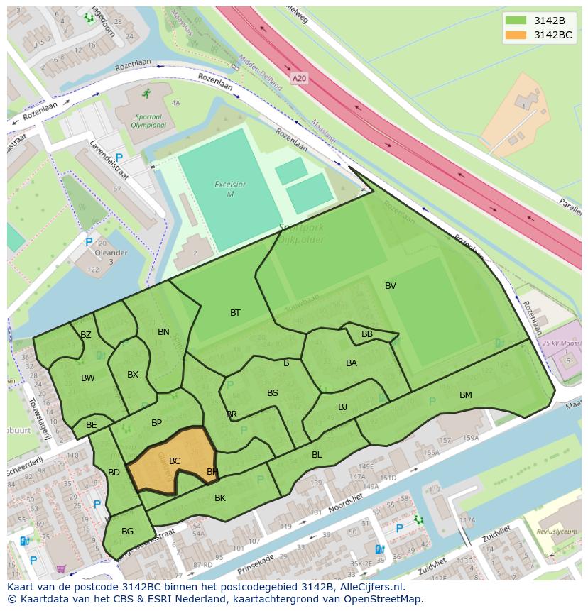 Afbeelding van het postcodegebied 3142 BC op de kaart.