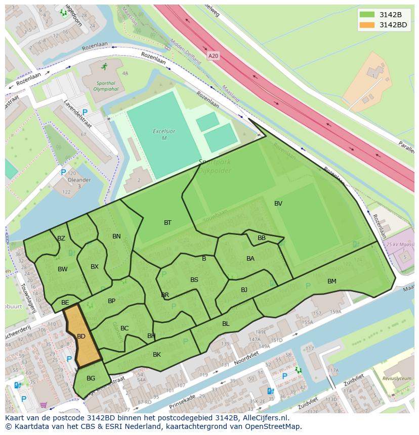 Afbeelding van het postcodegebied 3142 BD op de kaart.