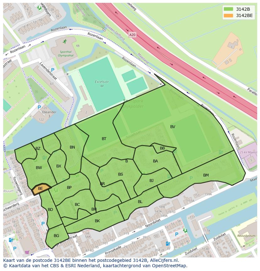 Afbeelding van het postcodegebied 3142 BE op de kaart.