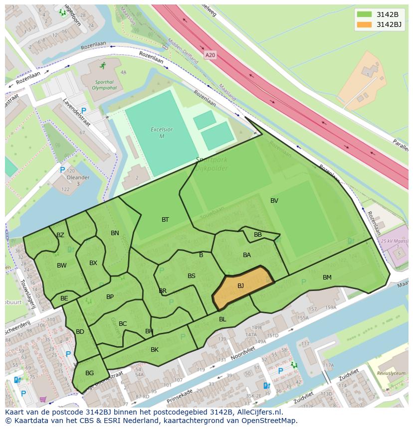 Afbeelding van het postcodegebied 3142 BJ op de kaart.