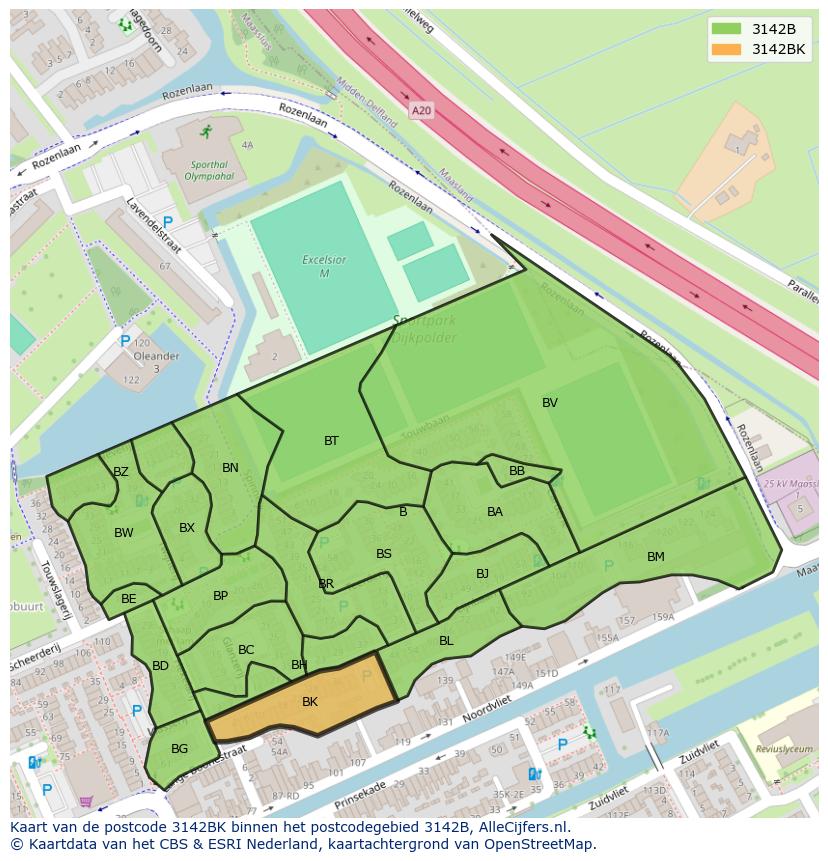Afbeelding van het postcodegebied 3142 BK op de kaart.