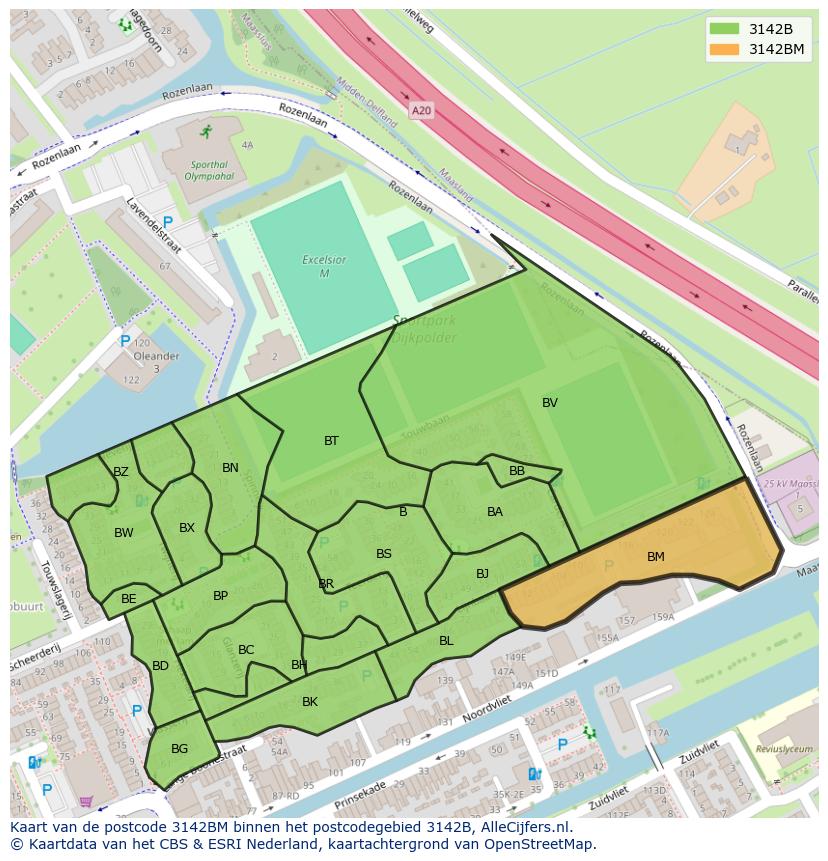 Afbeelding van het postcodegebied 3142 BM op de kaart.