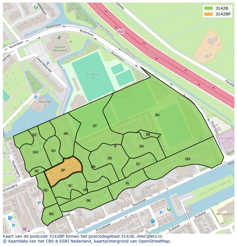 Afbeelding van het postcodegebied 3142 BP op de kaart.