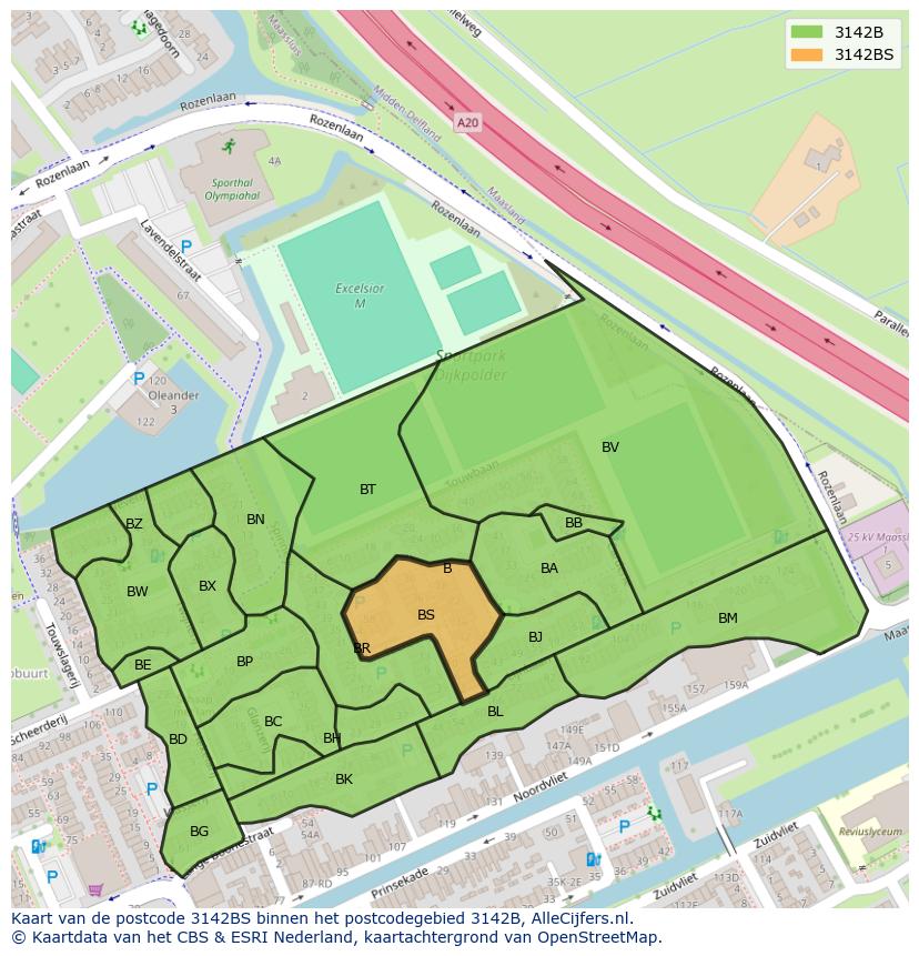 Afbeelding van het postcodegebied 3142 BS op de kaart.