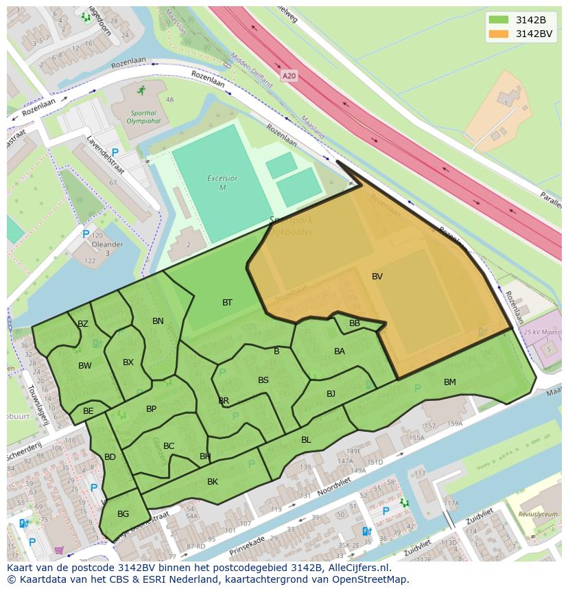 Afbeelding van het postcodegebied 3142 BV op de kaart.